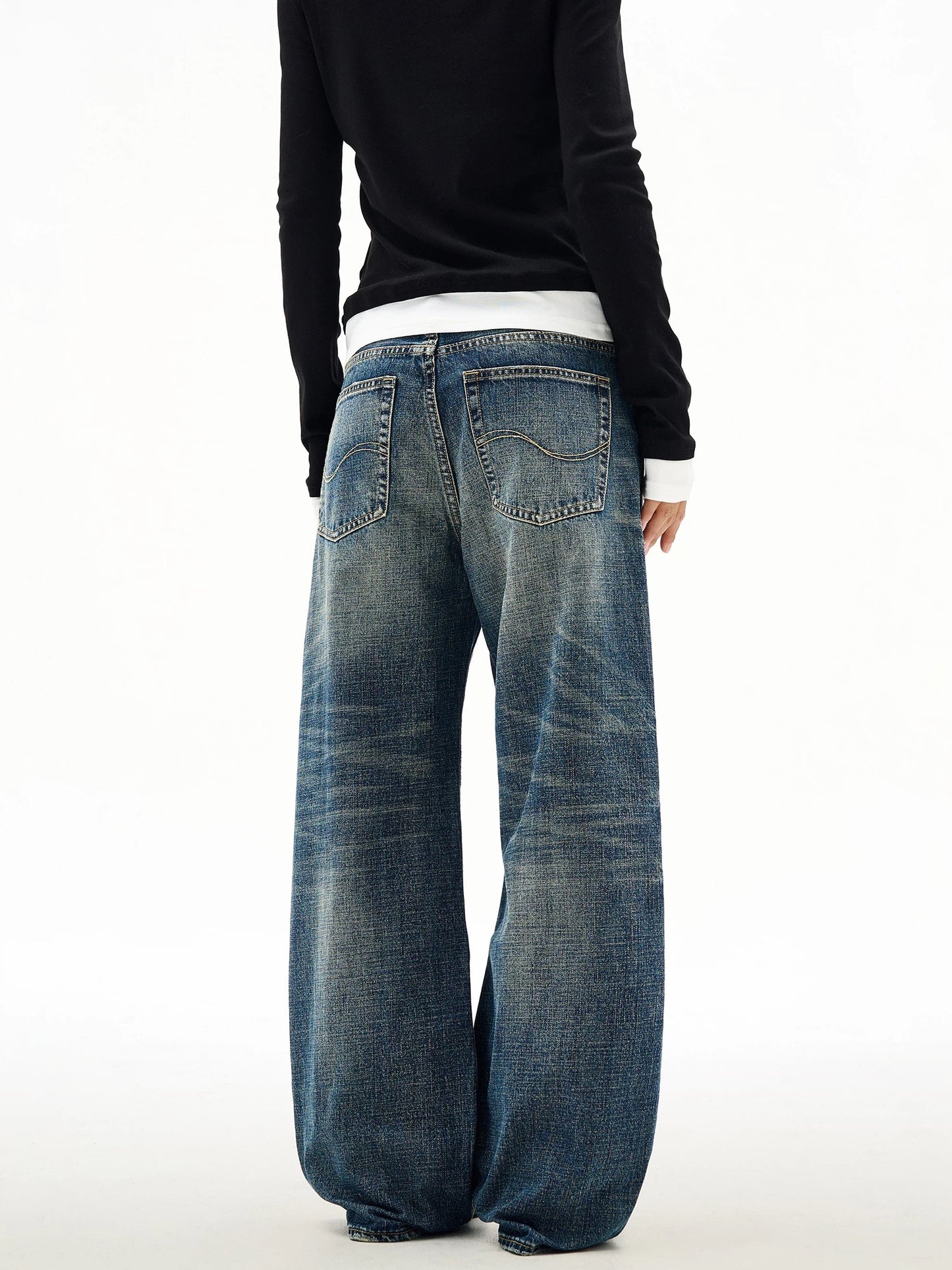 Straight Wide Leg Jeans with Bleached Whisker Effect