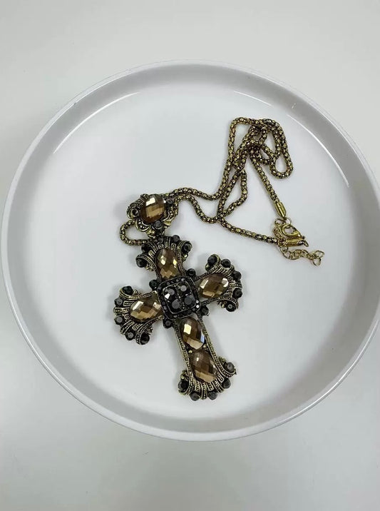 Vintage Style Gem-Encrusted Cross Pendant Necklace