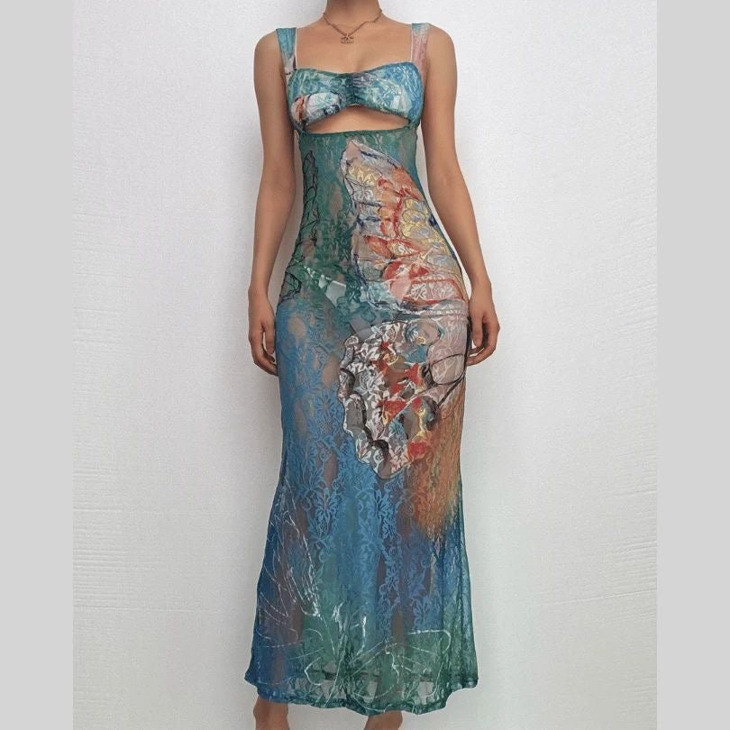 Sheer Blue Gradient Print Maxi Dress