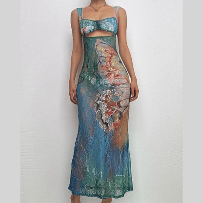 Sheer Blue Gradient Print Maxi Dress