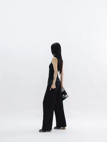 Black Straight Leg Trousers with Silver Rivet Detail