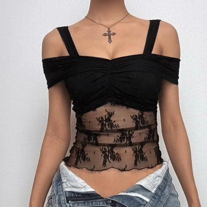 Off The Shoulder Sheer Lace Panel Top