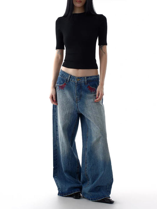 Dark Wash Embroidered Denim with Brass Rivets