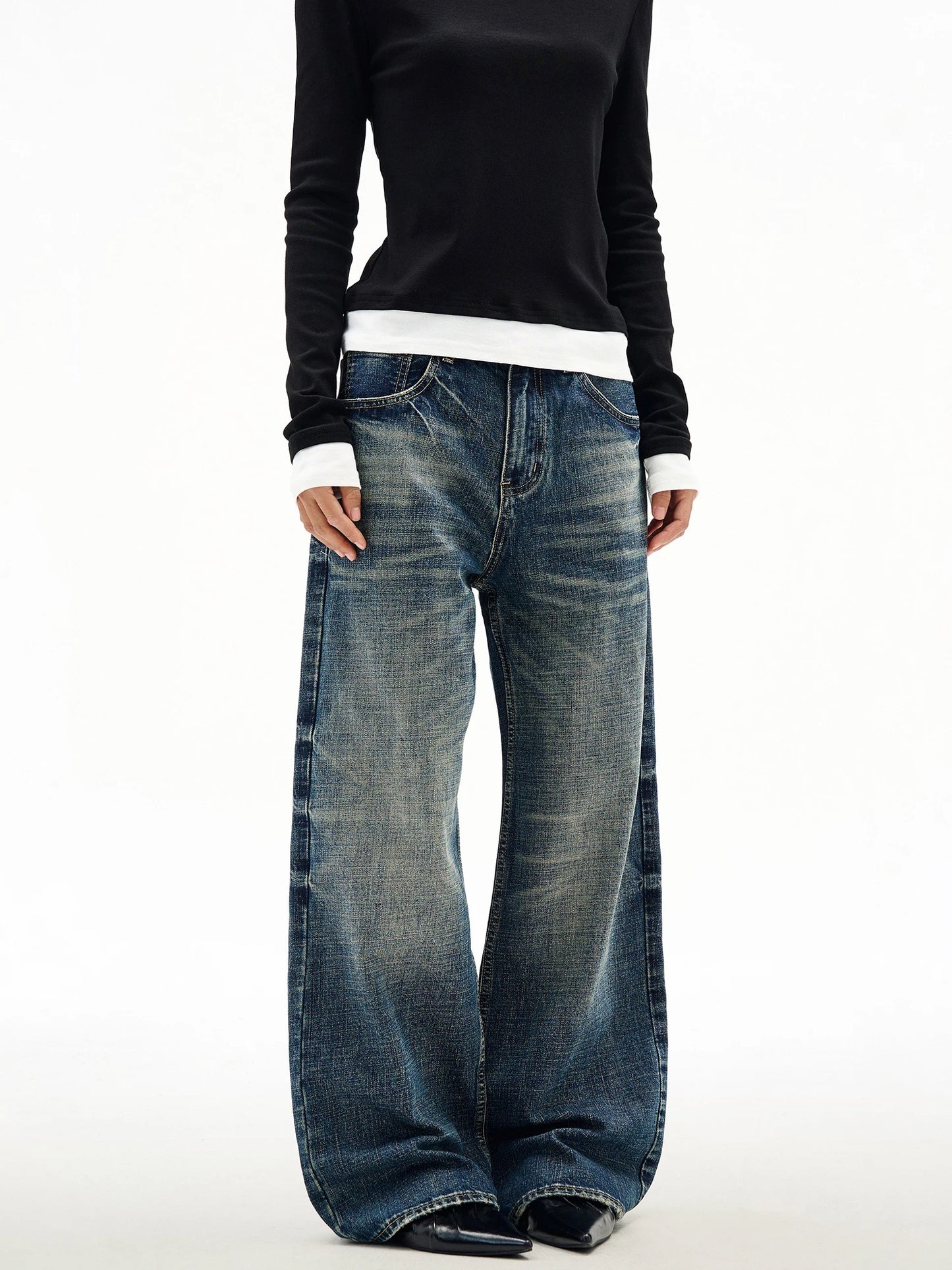 Straight Wide Leg Jeans with Bleached Whisker Effect