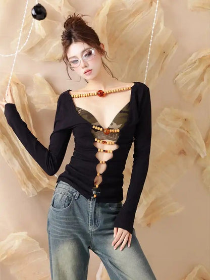 Backless Beaded  Long-sleeved T-shirt