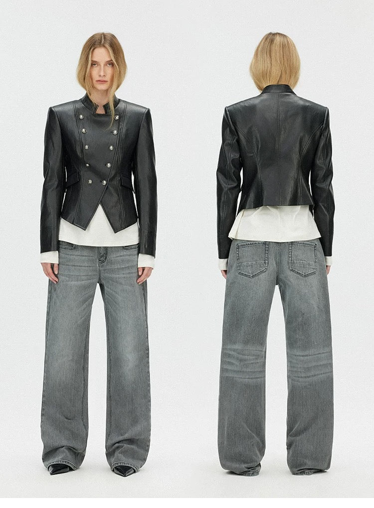 SAUMPLE STUDYSYMP Double-Breasted Military Leather Jacket
