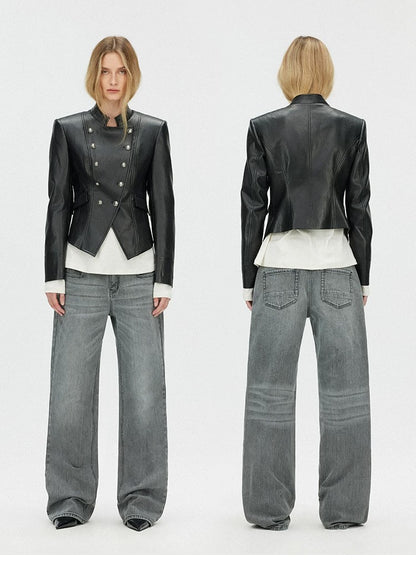SAUMPLE STUDYSYMP Double-Breasted Military Leather Jacket