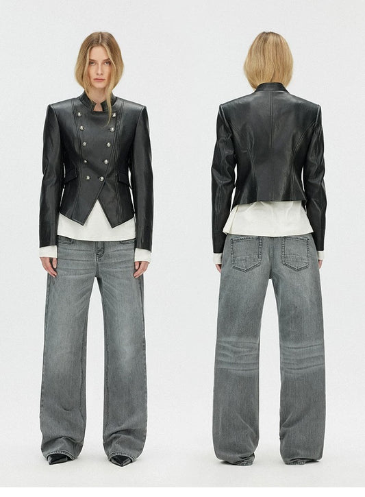 SAUMPLE STUDYSYMP Double-Breasted Military Leather Jacket