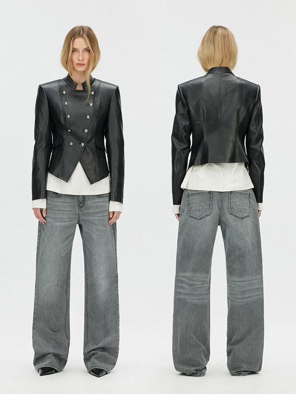SAUMPLE STUDYSYMP Double-Breasted Military Leather Jacket