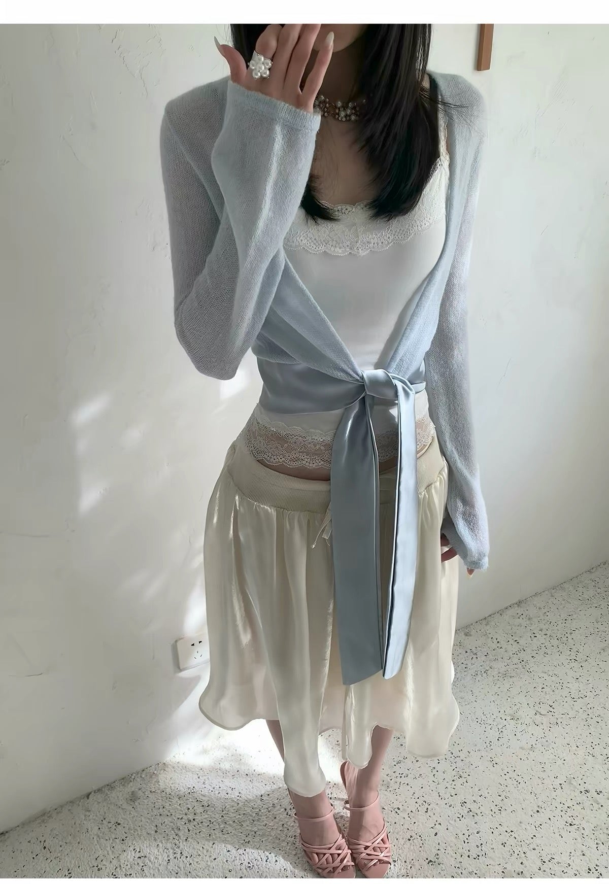AURO MORE Satin Tie-Front Semi-Sheer Knit Cardigan