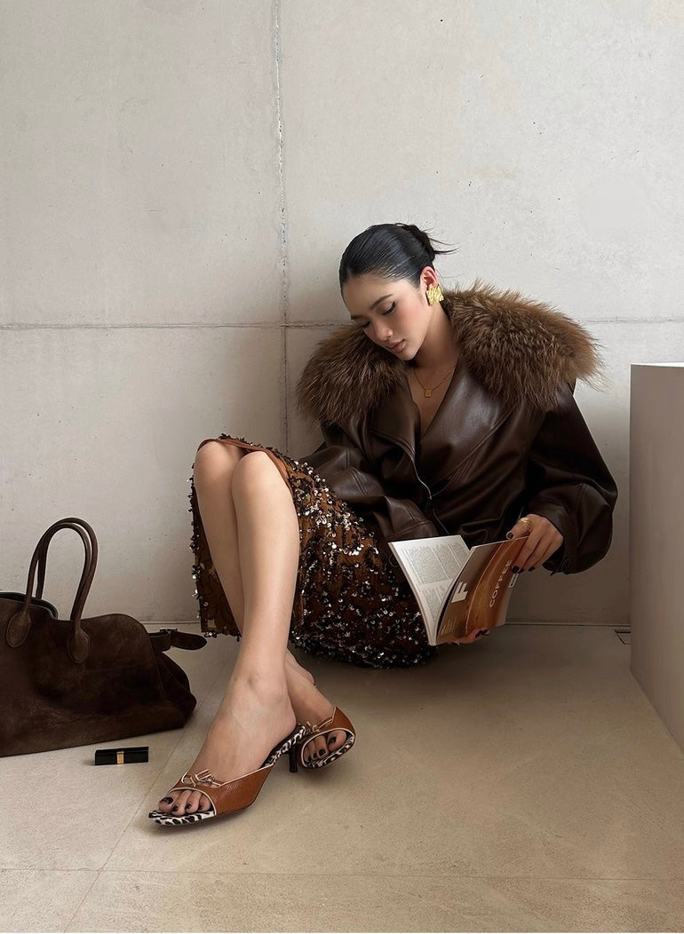 Rovente Brown Faux Leather Jacket with Detachable Fur Collar