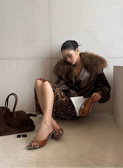 Rovente Brown Faux Leather Jacket with Detachable Fur Collar