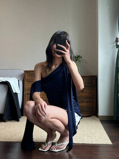 Draped Asymmetric Navy Top