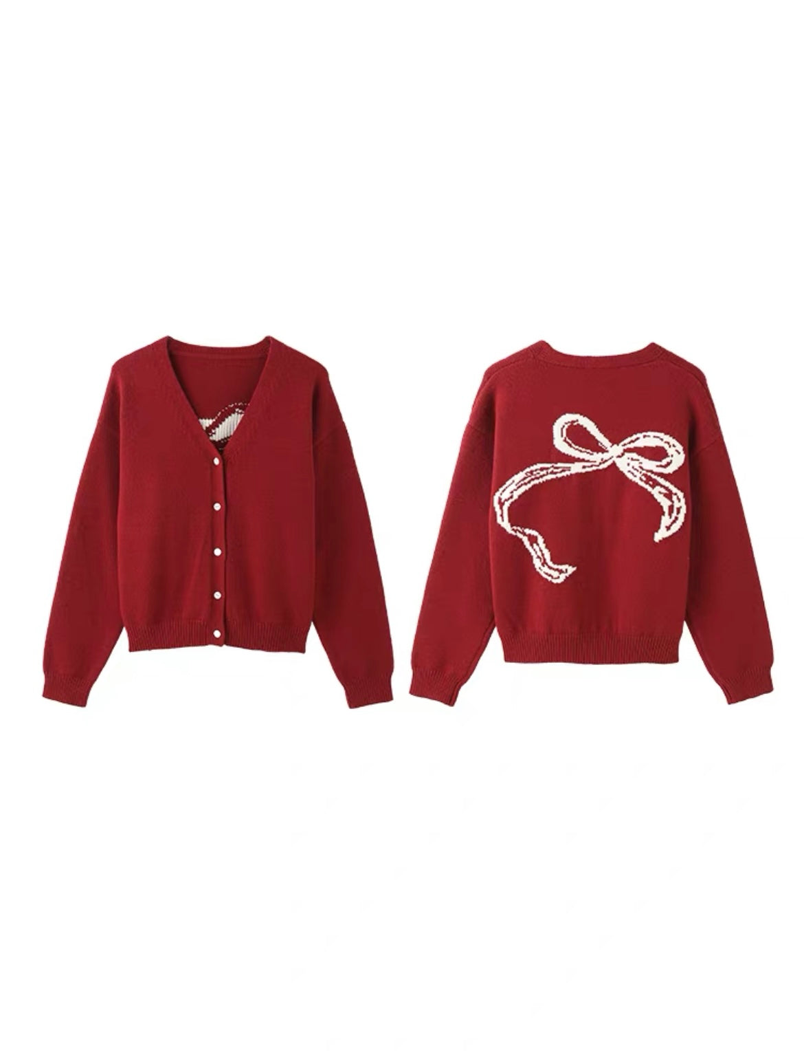 Red V-neck Bow Printed Knit Cardigan