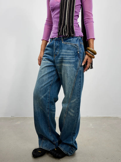 antenna effect Retro Washed Panelled Distressed Jeans
