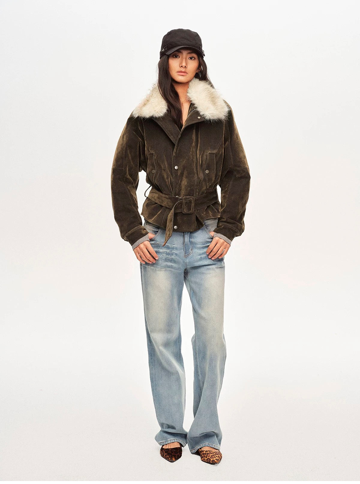 Right Above Flocked Denim Faux Mink Belted Jacket
