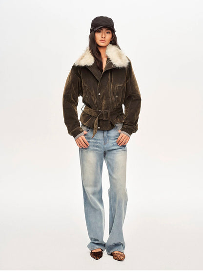 Right Above Flocked Denim Faux Mink Belted Jacket