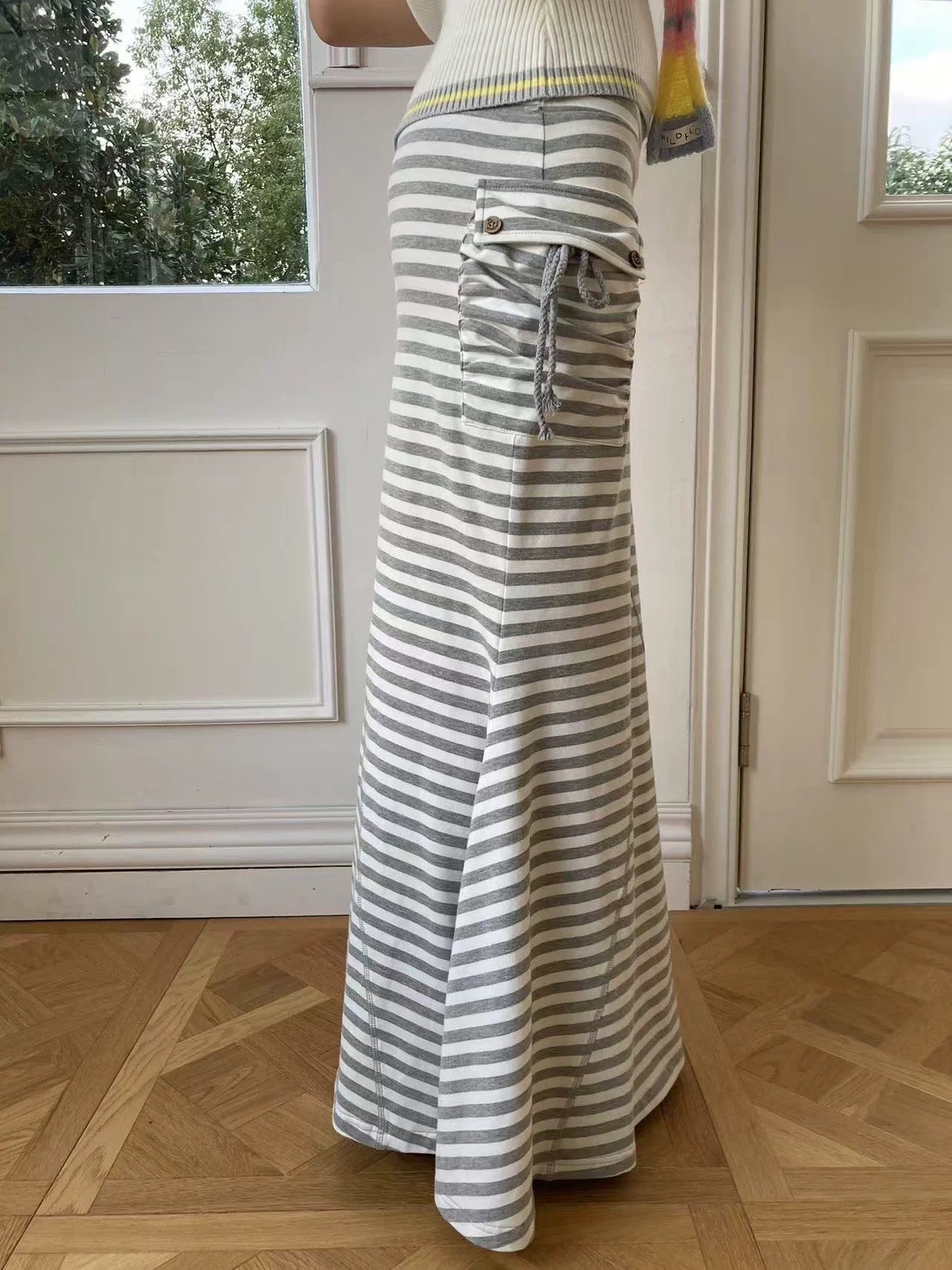 WildFLO Grey Striped Fishtail Maxi Skirt