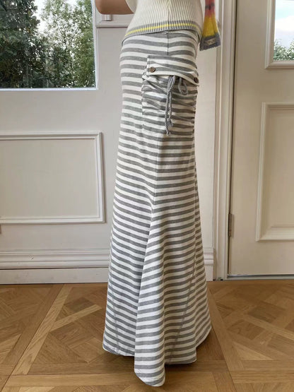 WildFLO Grey Striped Fishtail Maxi Skirt
