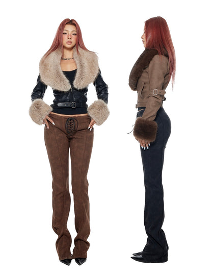 Bum Studios Detachable Fur Collar Heavy Leather Two-Way Jacket