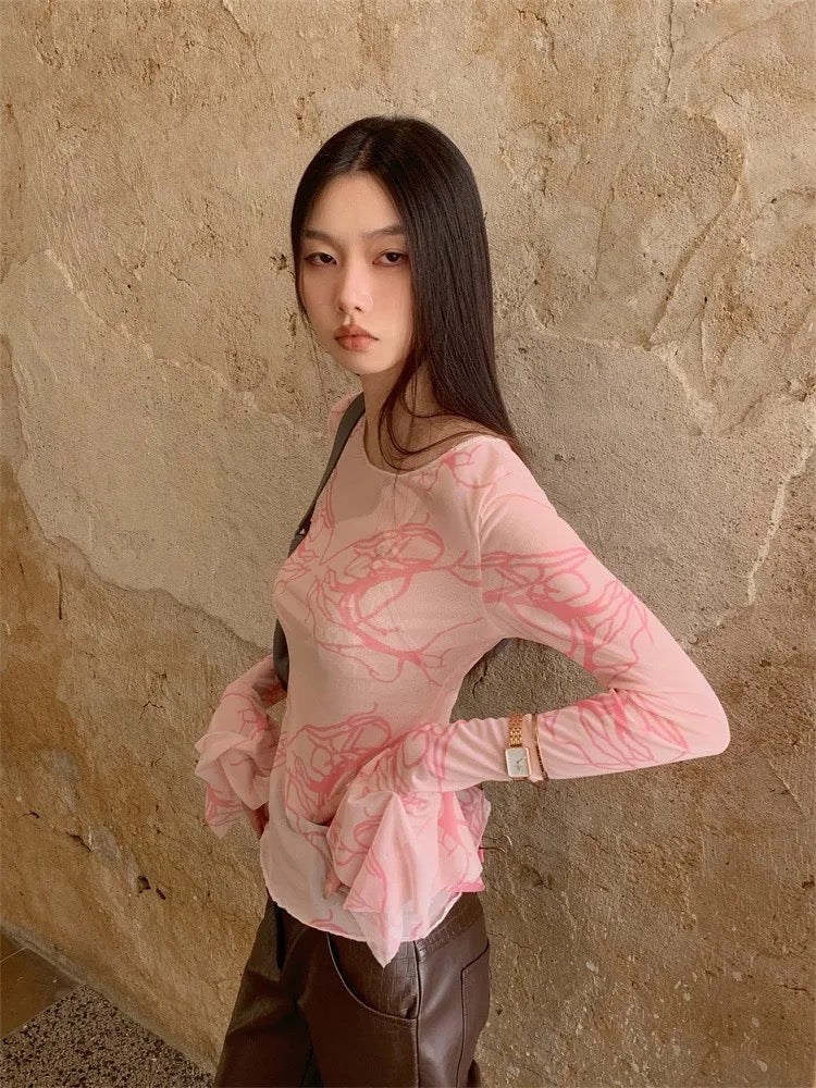 Pink Mesh Print Top