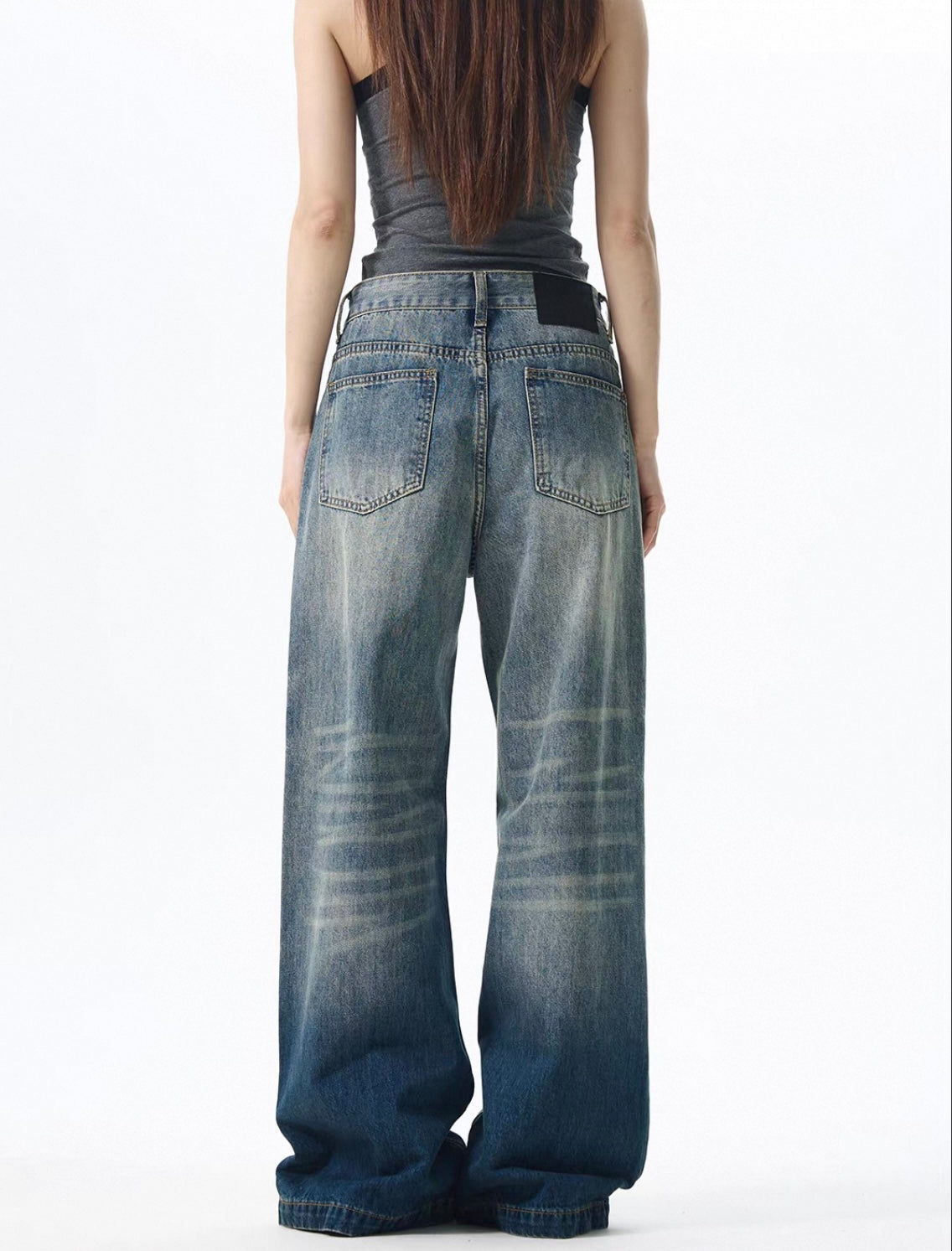 Dark Wash Wide Leg Mid Rise Denim Jeans