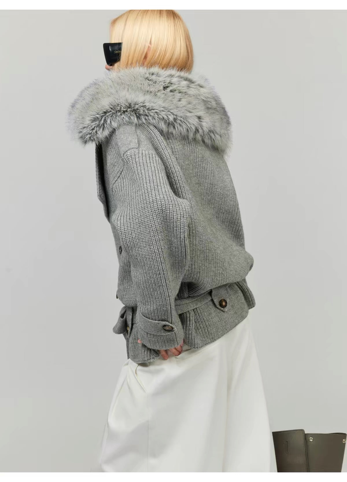 0122stepll Fur Collar Belted Ribbed Knit Wrap Cardigan