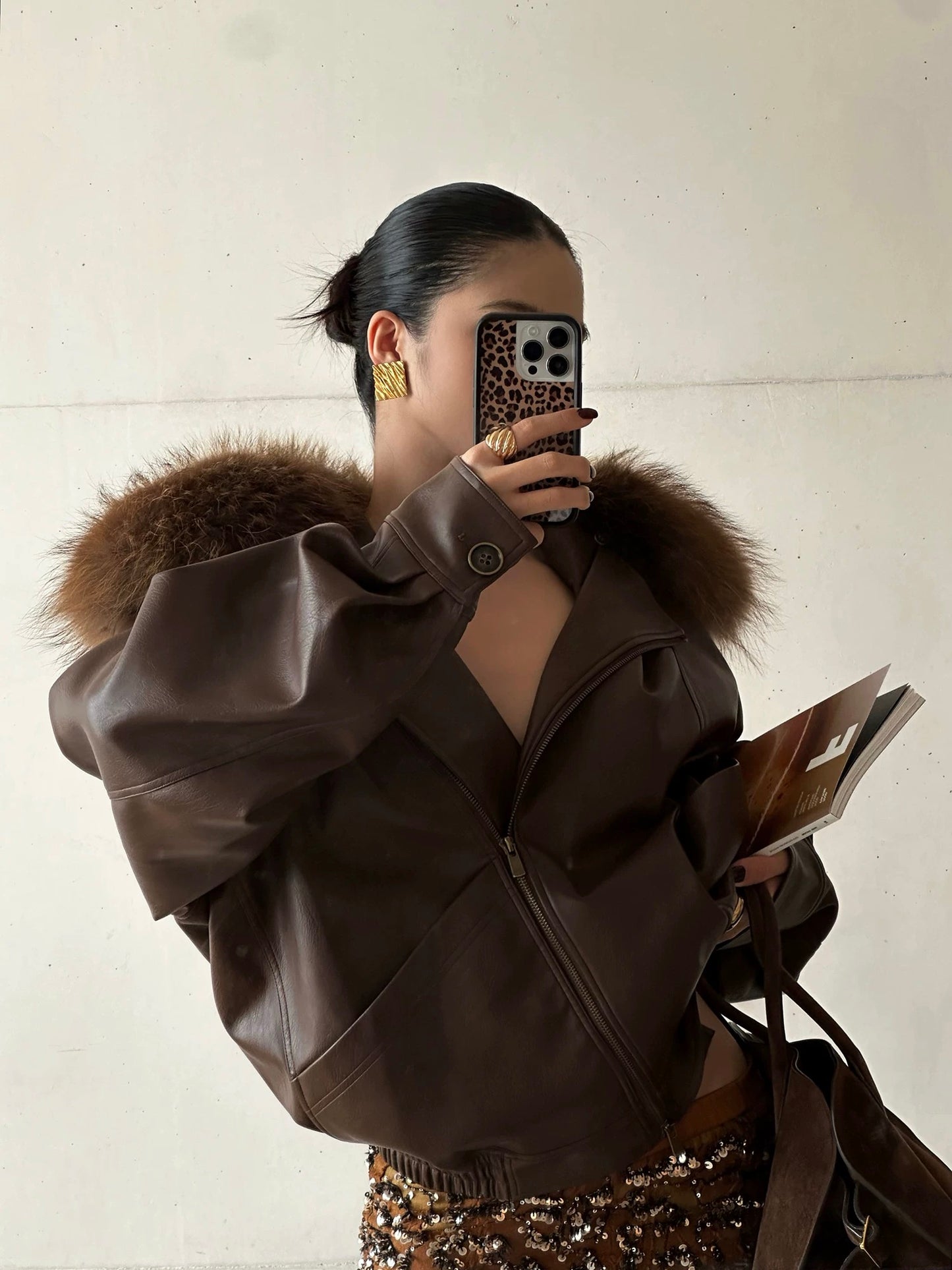Rovente Brown Faux Leather Jacket with Detachable Fur Collar