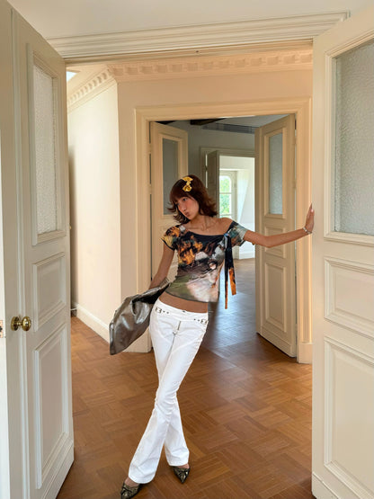 Andivogles Low Waisted Vintage Style White Bootcut Trousers