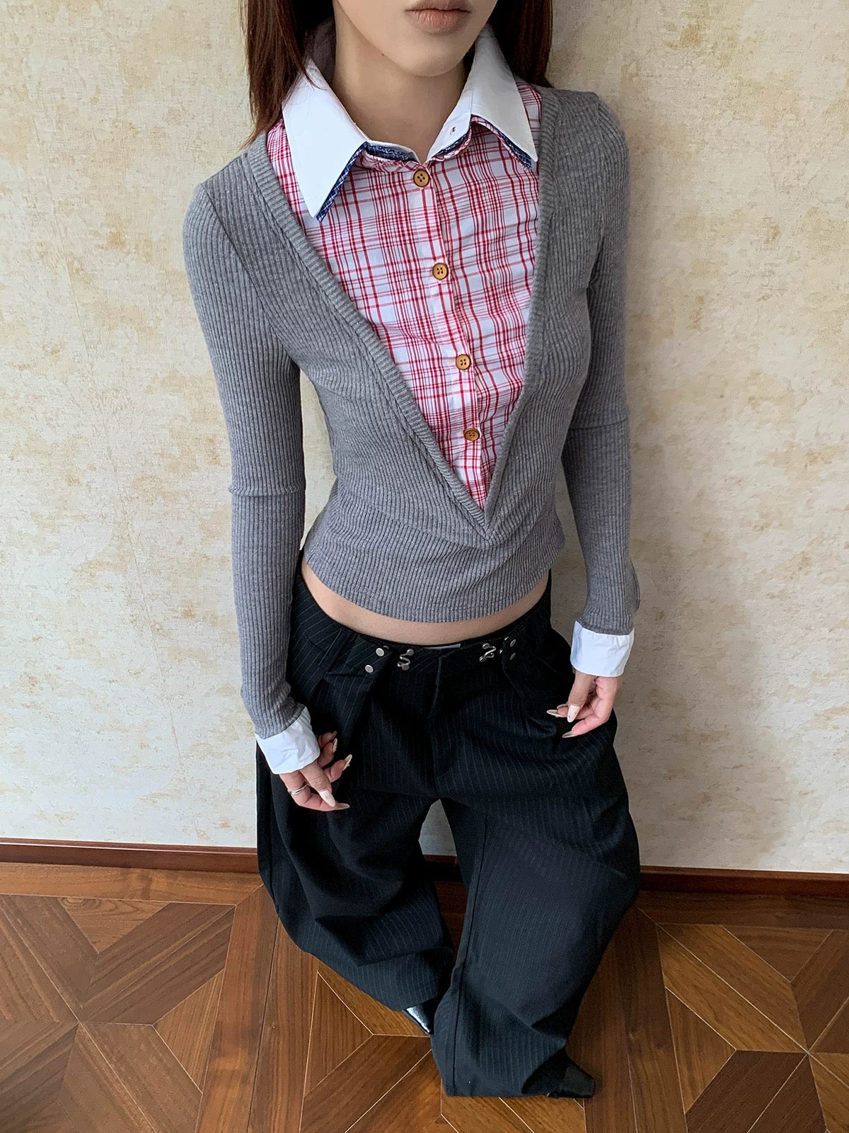 Layered Plaid Collar Knit Top