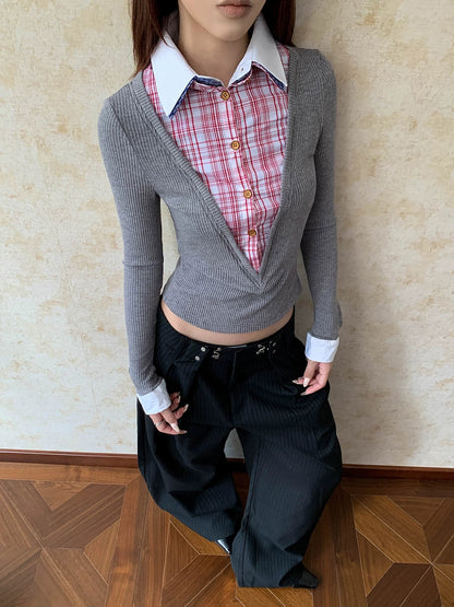 Layered Plaid Collar Knit Top