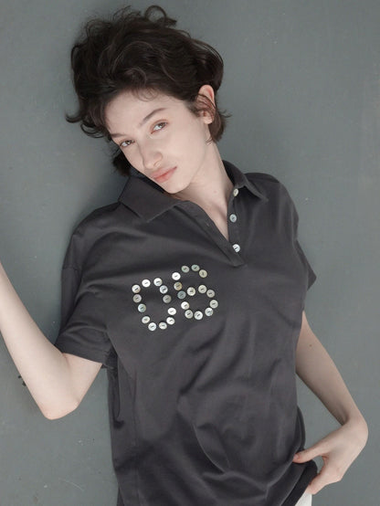 Solveig Shell Button Decorated Polo Short-Sleeved T-shirt
