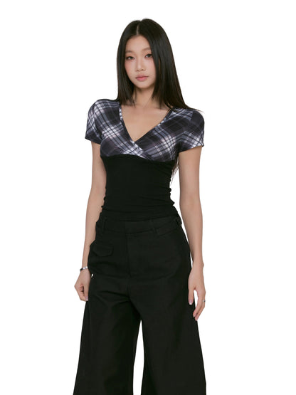 Plaid Wraparound Short Sleeve Top