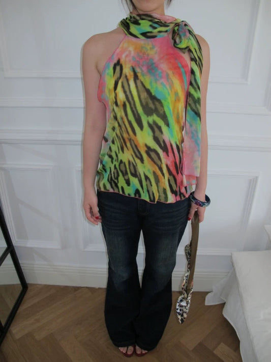 WildFLO Silk Neon Leopard Print Halter Neck Blouse