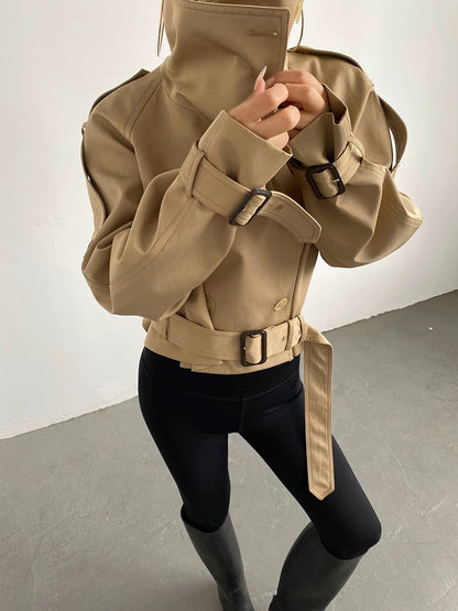 Beige Buckle Detail Trench Jacket