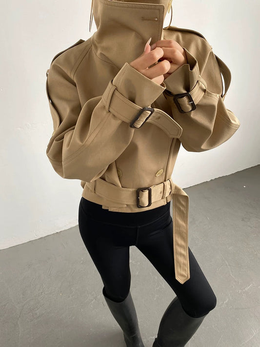 Beige Buckle Detail Trench Jacket