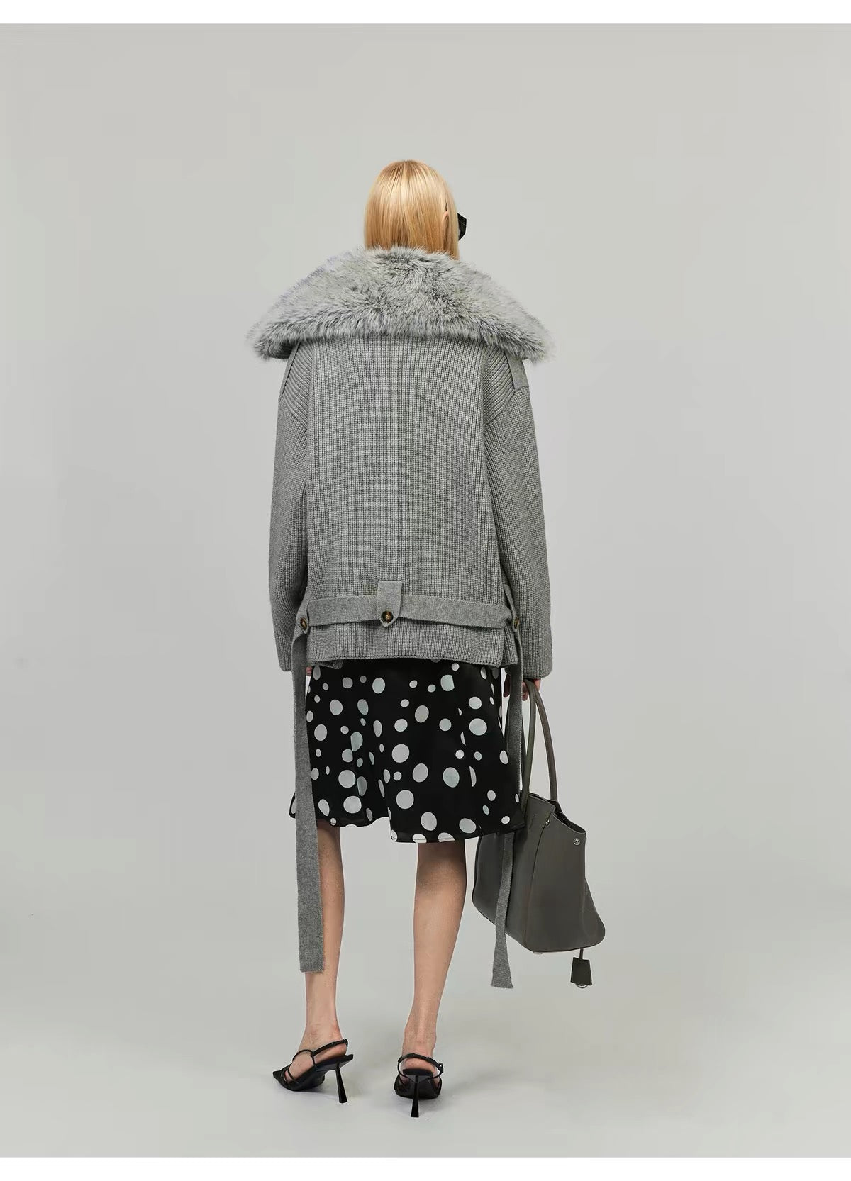 0122stepll Fur Collar Belted Ribbed Knit Wrap Cardigan