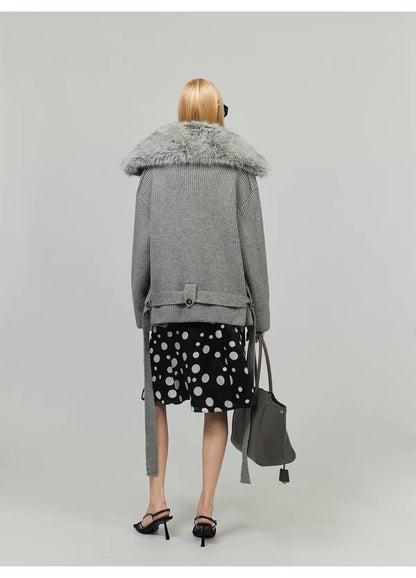 0122stepll Fur Collar Belted Ribbed Knit Wrap Cardigan