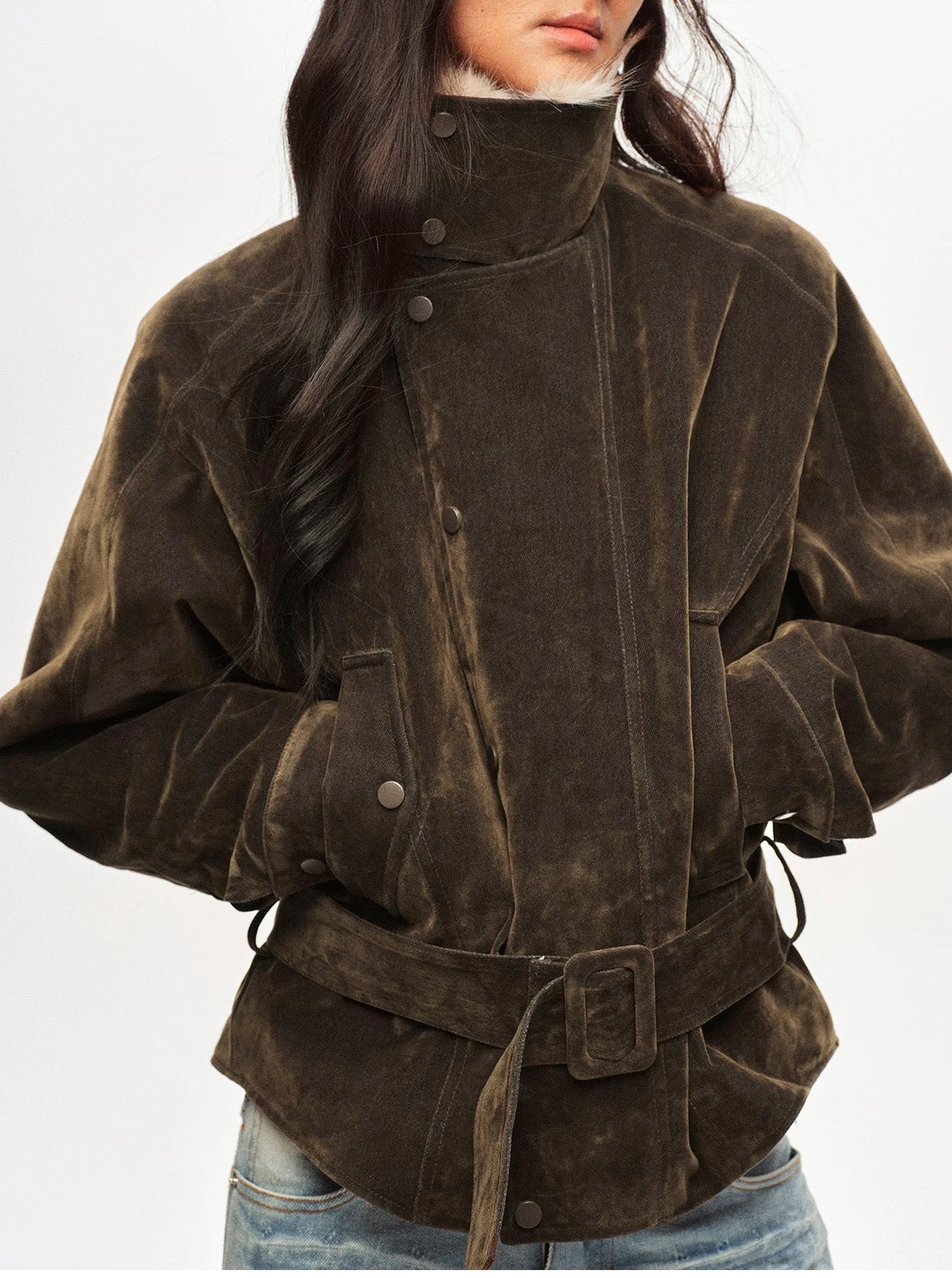Right Above Flocked Denim Faux Mink Belted Jacket