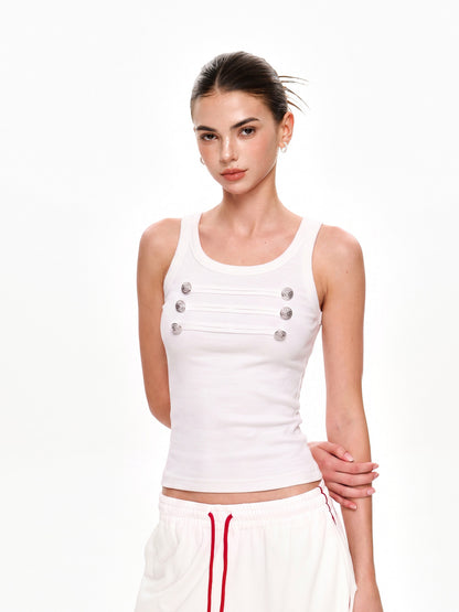 Embellished Military Button Ribbed Tank Top
