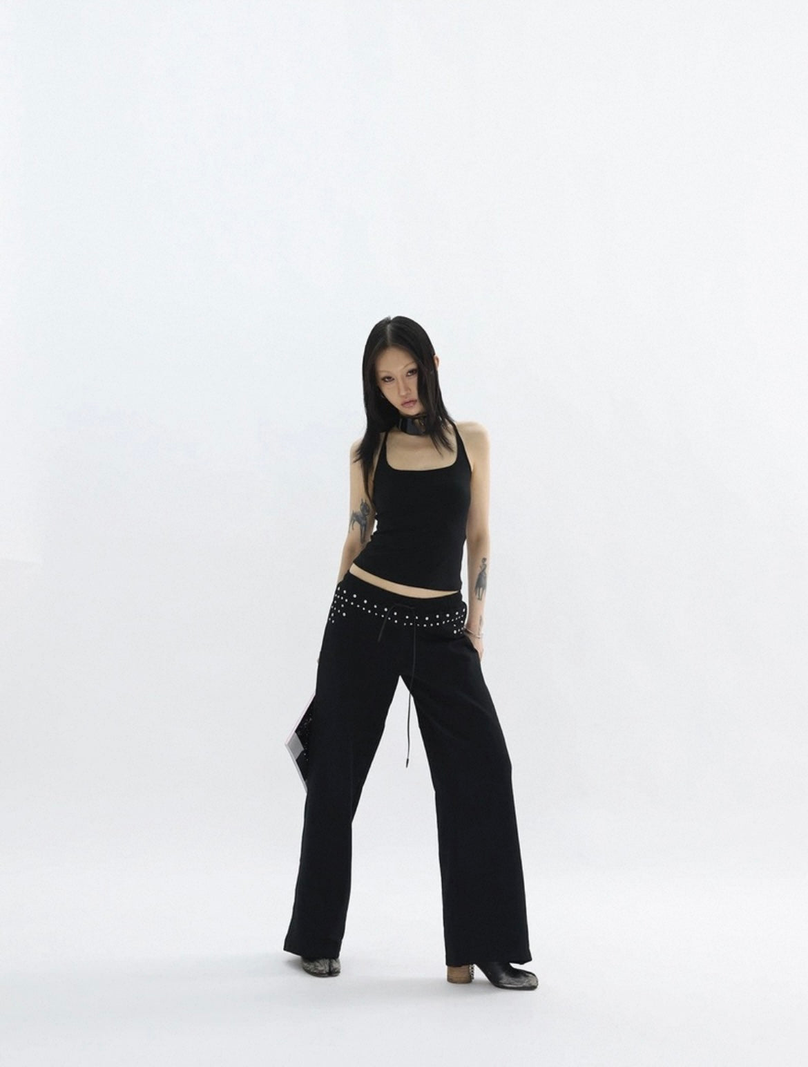 Black Straight Leg Trousers with Silver Rivet Detail