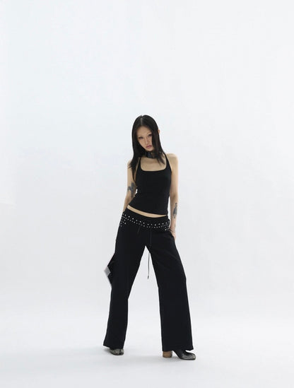 Black Straight Leg Trousers with Silver Rivet Detail