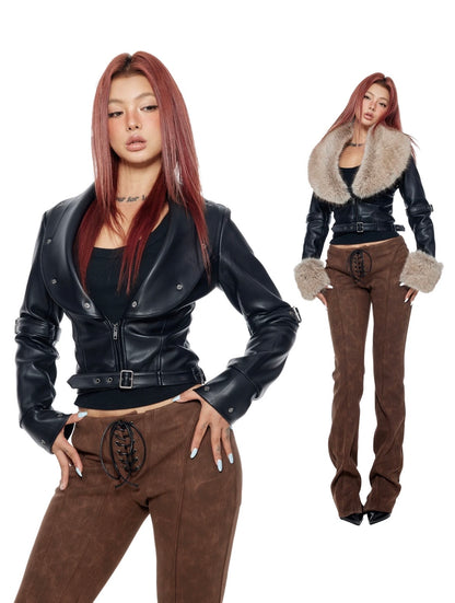Bum Studios Detachable Fur Collar Heavy Leather Two-Way Jacket