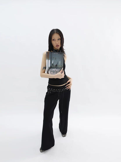 Black Straight Leg Trousers with Silver Rivet Detail
