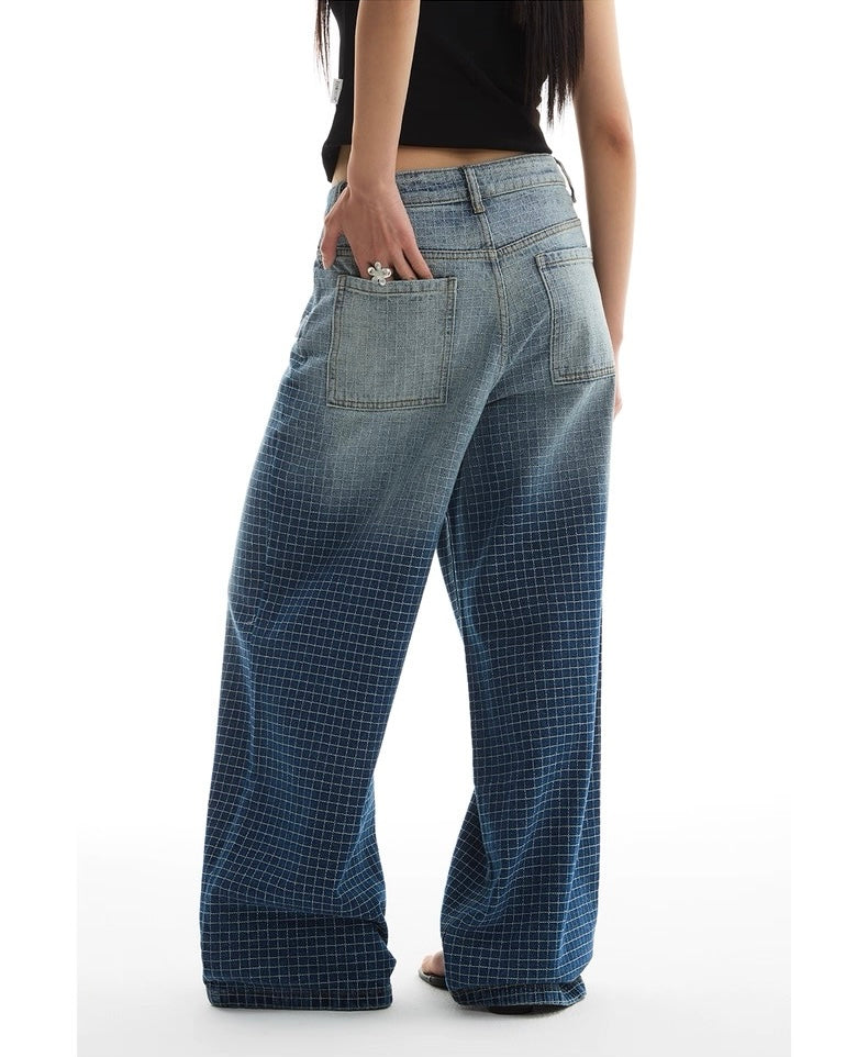 Checkered Washed Wide Leg Jeans