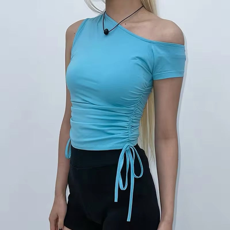 One Shoulder Drawstring Asymmetrical Fitted Crop Top