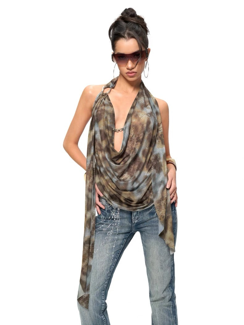 JYOSEI Leopard Print Flowy Backless Ring Detail Cowl Top