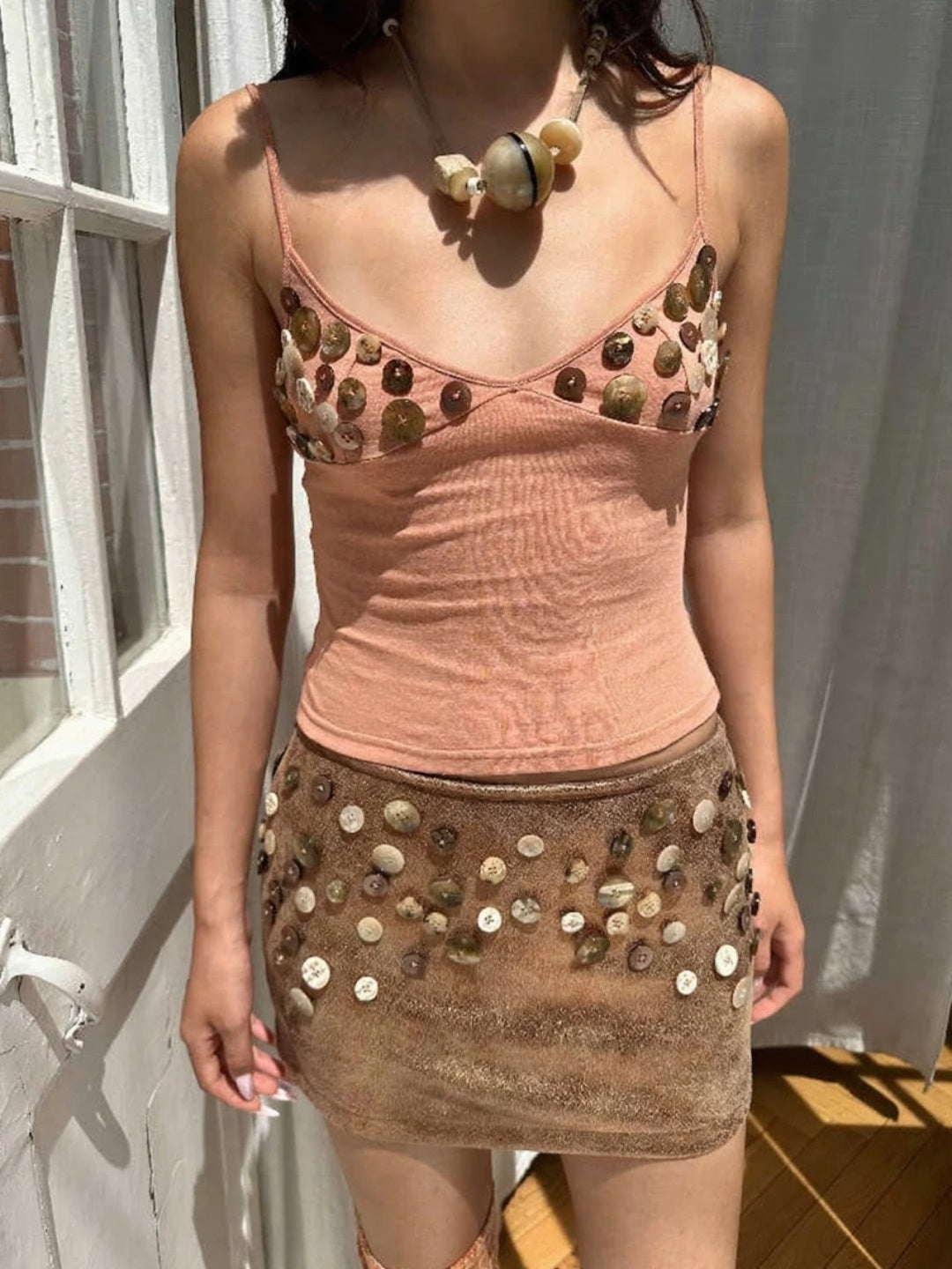 HOL!DAY Ocean Shell Glossy Button-Embellished Cotton Tank Top