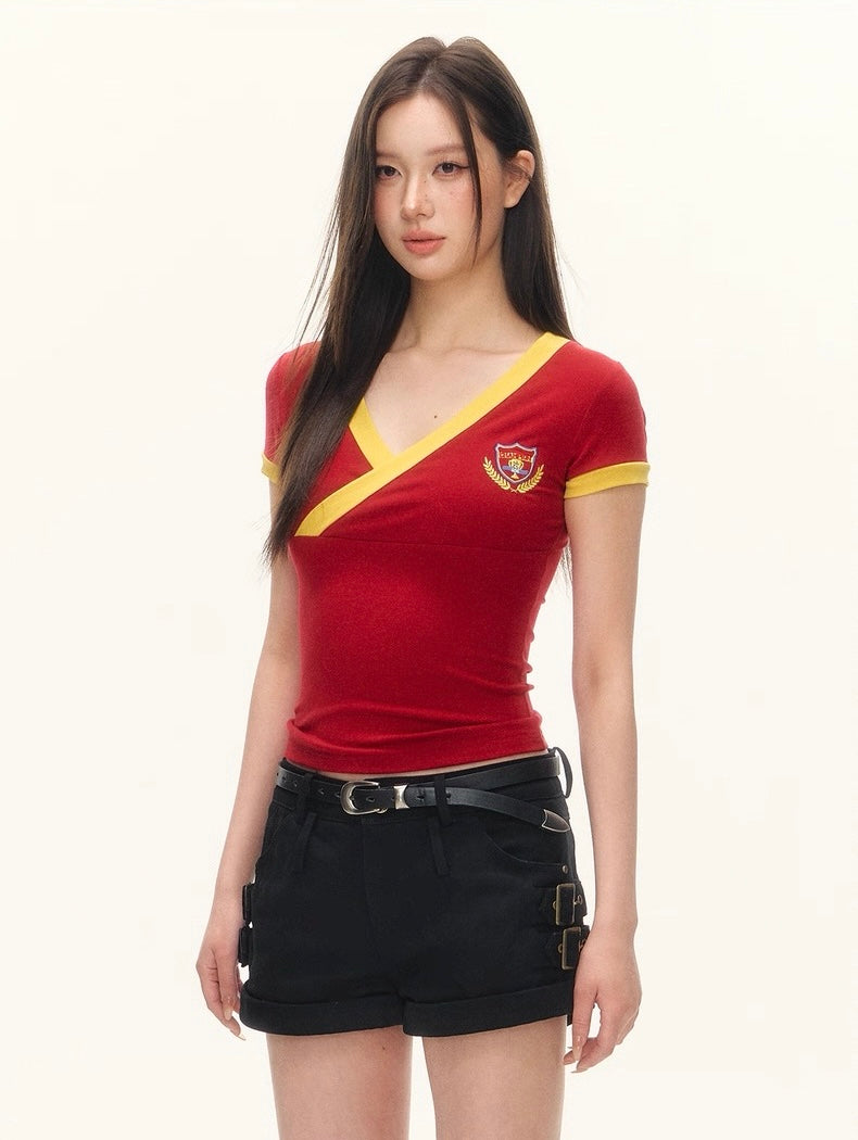 V Neck Sporty Style Top in Red