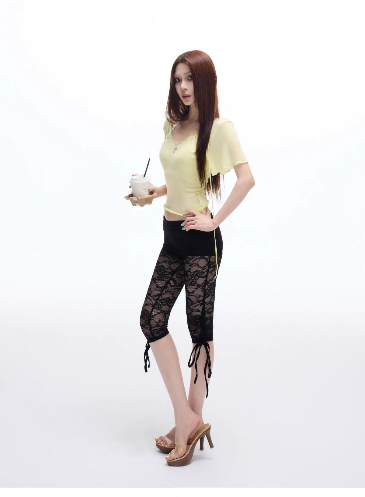 COMMON IN 0120 Tie Cuff Floral Lace Sheer Capri Leggings